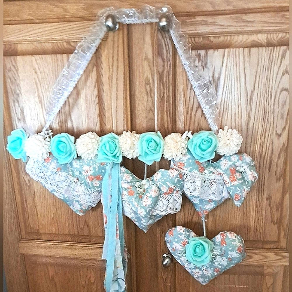 Heart Wall Hanging with Lace and Flowers  23" Wide (Handmade)